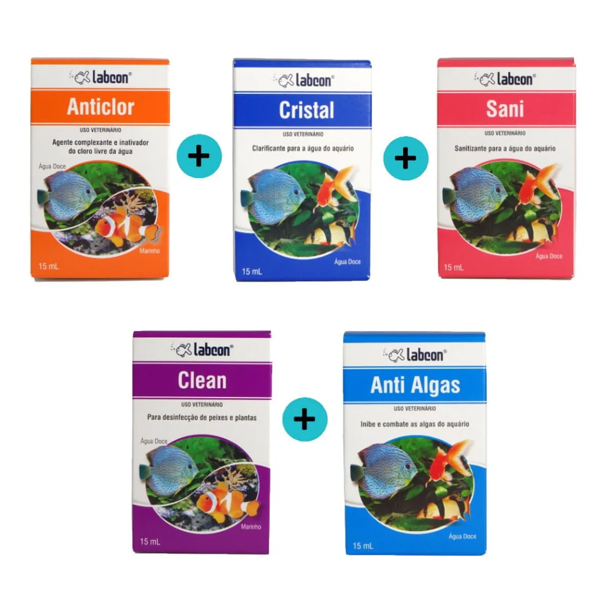 Kit 1 Labcon Anticlor 15ml + 1 Cristal 15ml + 1 Sani 15ml + 1 Clean 15ml + 1 Antialgas 15ml