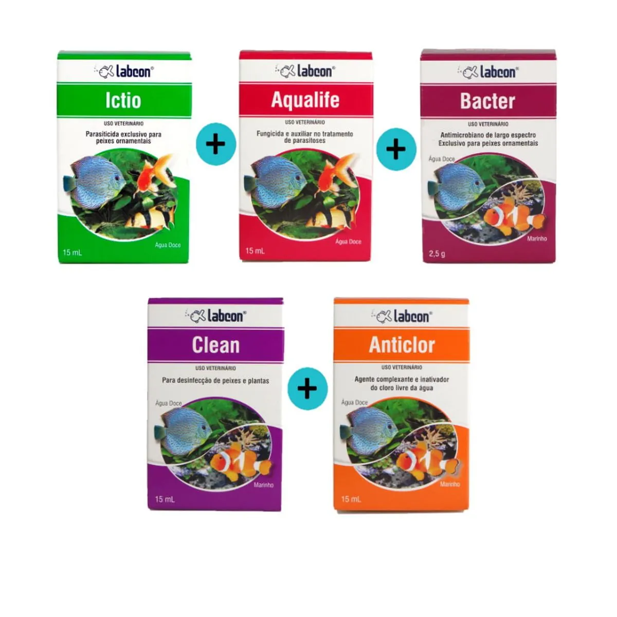 Kit 1 Ictio 15ml + 1 Aqualife 15ml + 1 Bacter C/ 10 Cápsulas + 1 Clean + 1 Anticlor 15ml