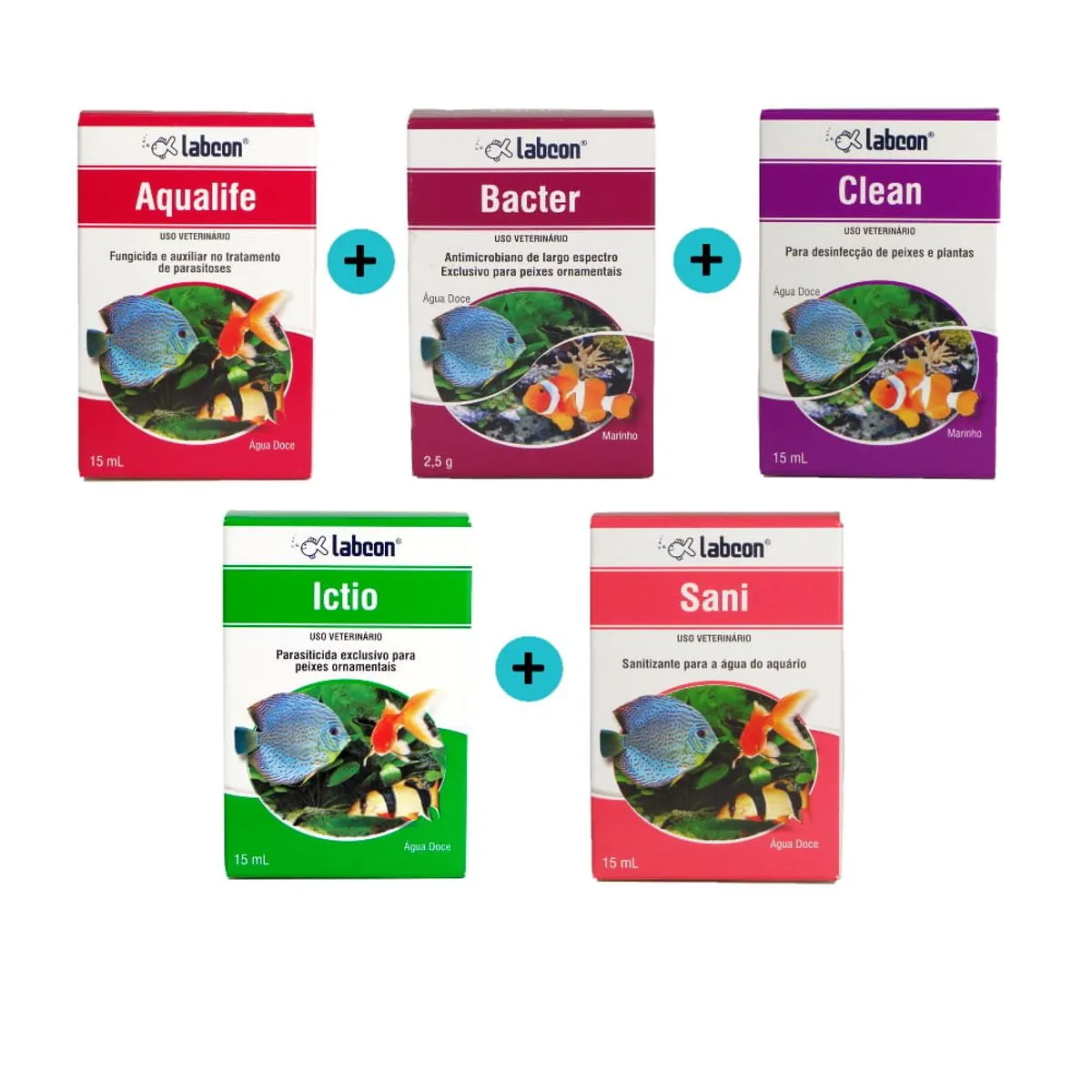 Kit 1 Ictio 15ml + 1 Aqualife 15ml + 1 Bacter C/ 10 Cápsulas + 1 Clean 15ml + 1 Sani 15ml