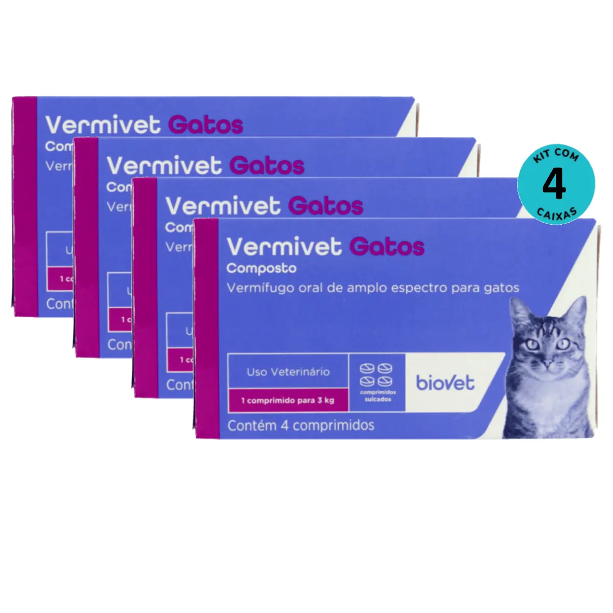 Vermífugo para Gatos Vermivet 300mg C/ 4 Comprimidos - Kit c/ 4 caixas