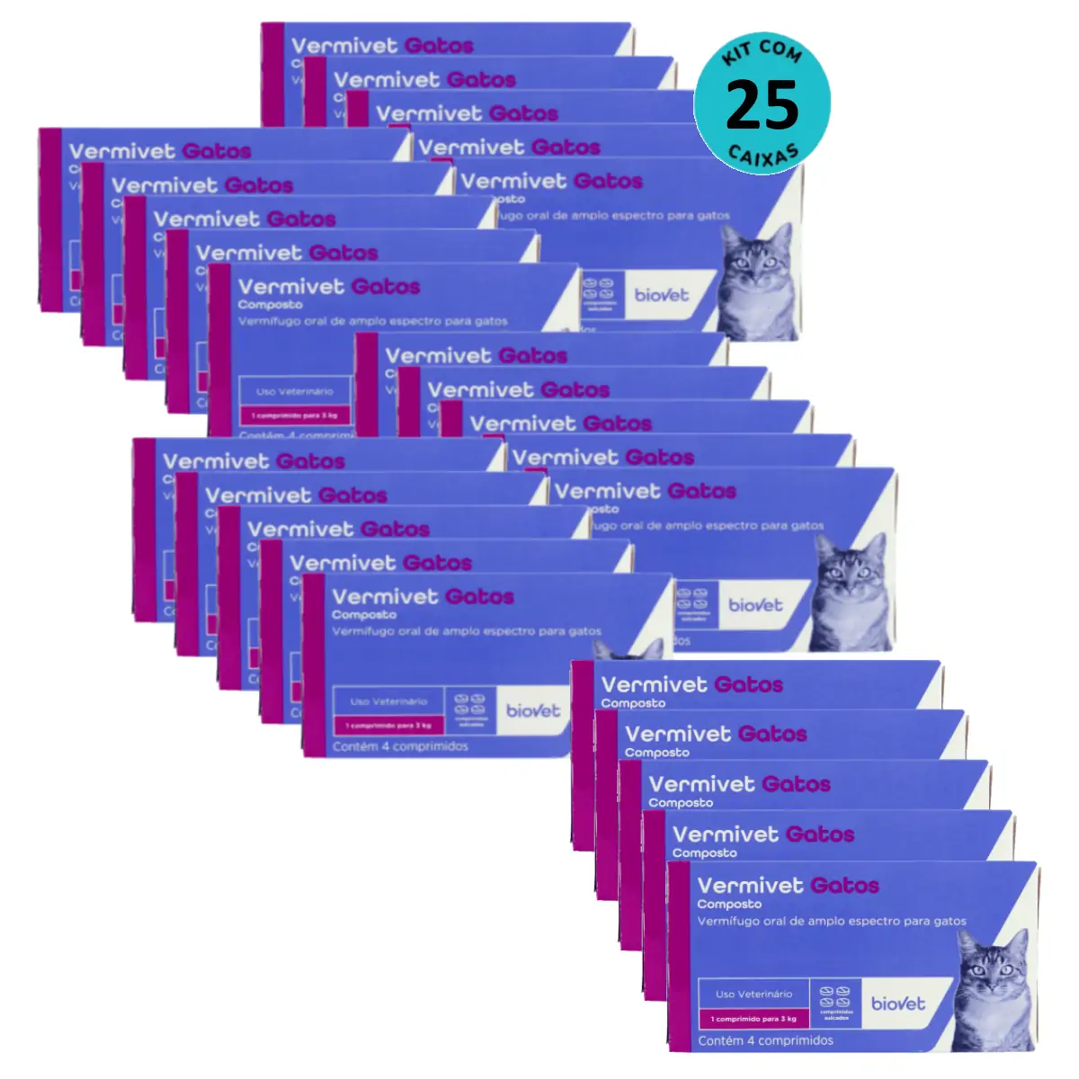 Vermífugo para Gatos Vermivet 300mg C/ 4 Comprimidos - Kit c/ 25 caixas