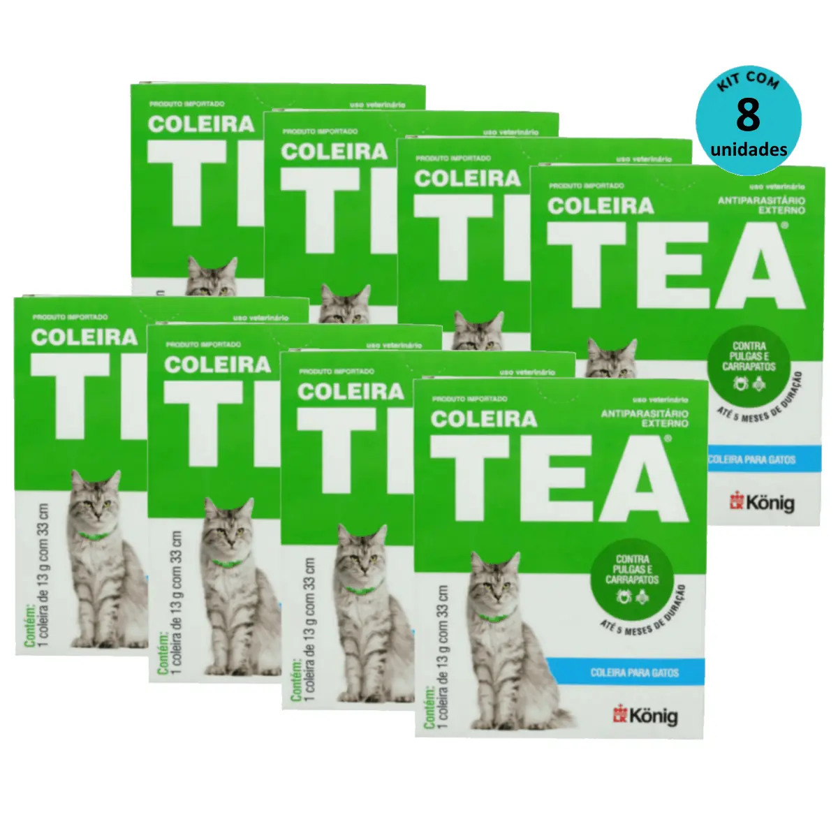 Coleira Tea Contra Pulgas E Carrapatos P/ Gatos König 13g C/ 33cm Kit C/ 8 Unid.