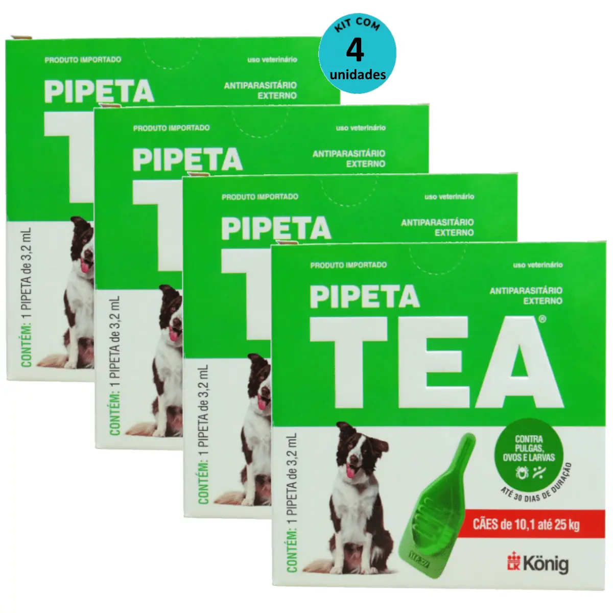 Pipeta Tea 3,2ml Antiparasitário Contra Pulgas para Cães de 10,1 até 25 Kg - König Kit Com 4