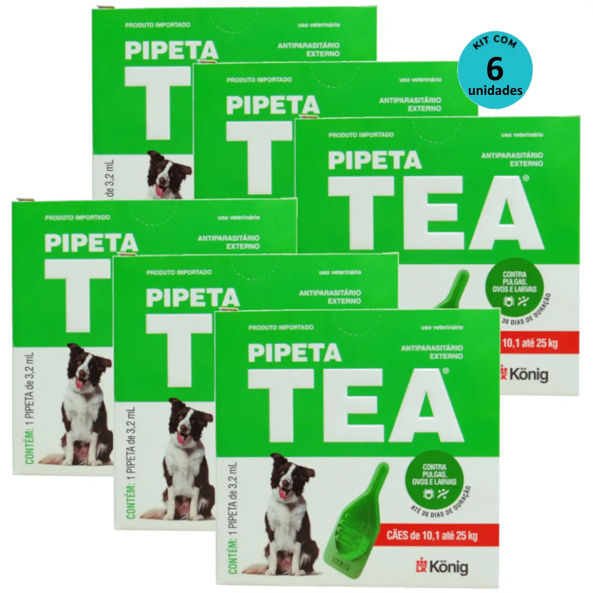 Pipeta Tea 3,2ml Antiparasitário Contra Pulgas para Cães de 10,1 até 25 Kg - König Kit Com 6
