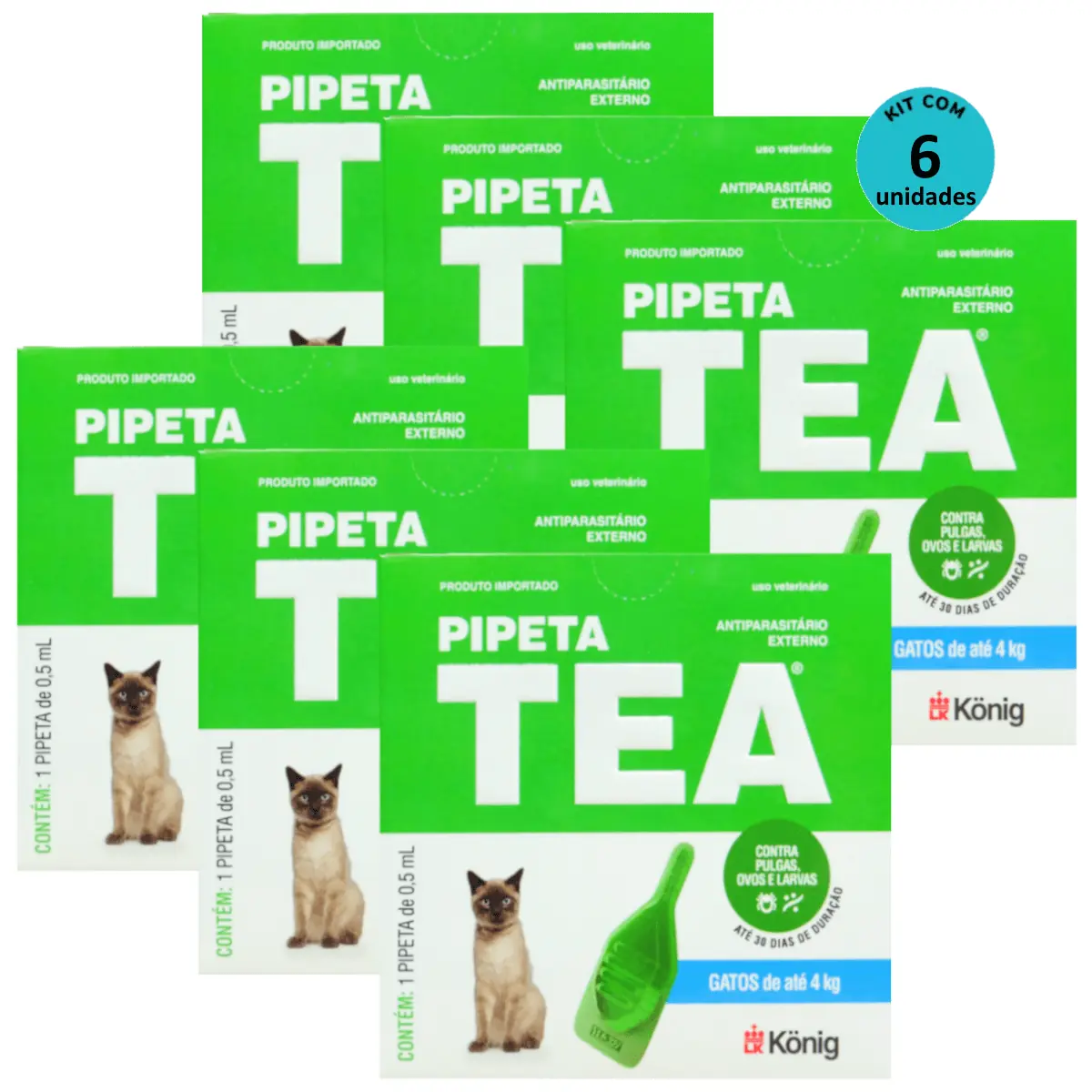 Pipeta Tea 0,5 ml Antiparasitário Contra Pulgas para Gatos de até 4 Kg - König Kit Com 6
