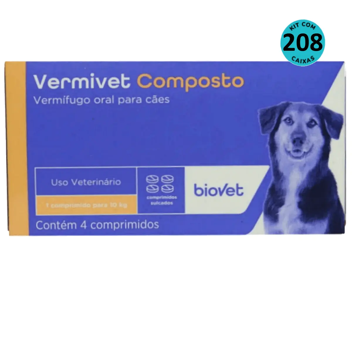 Vermífugo Vermivet Composto Biovet 600mg c/ 4 Comprimidos Kit Com 208 cxs
